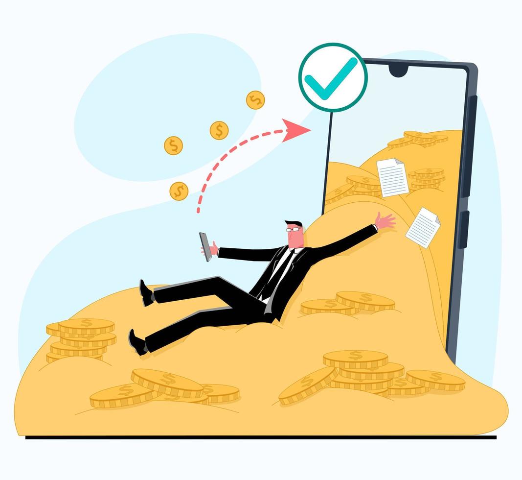 a man businessman uses a mobile bank sits on a mountain of gold money and checks documents fly from the phone operation transaction completed vector flat illustration