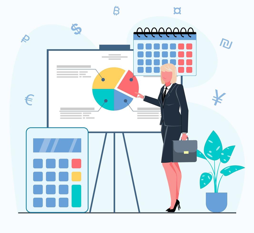 A businesswoman is studying a chart on the board. She is planning a financial budget. Next to it is a calendar and a calculator. Flat vector illustration.