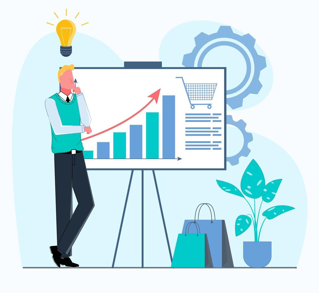 A businessman with a light bulb over his head stands next to a chart showing sales growth. Flat vector illustration.