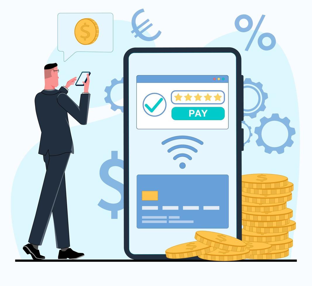 a man businessman holds a mobile phone and conducts a payment transaction online on a smartphone from a credit card via wi-fi around currency icons near coins money gold vector flat illustration