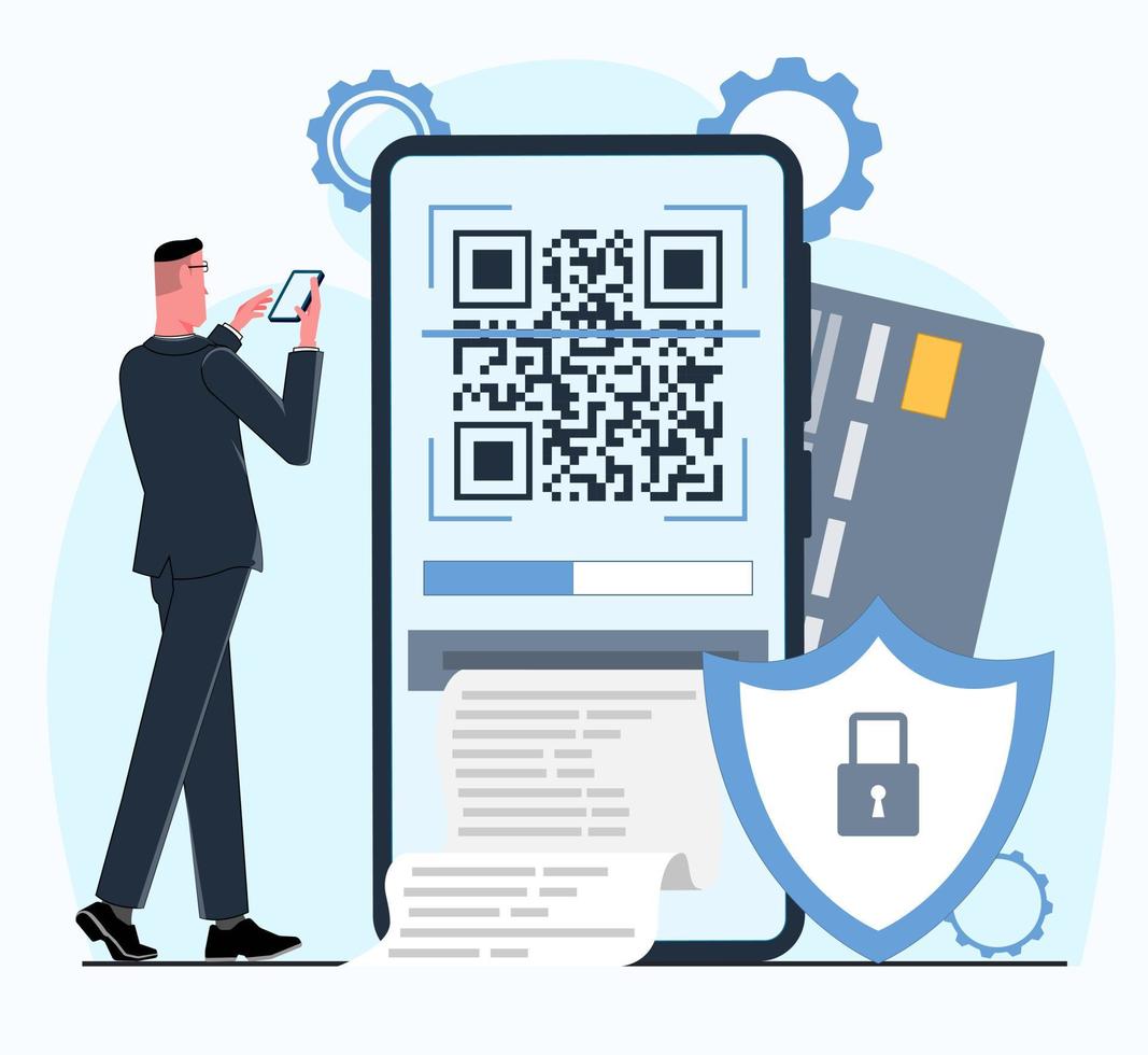 a businessman makes a secure payment from his phone using a card and a QR code flat vector illustration