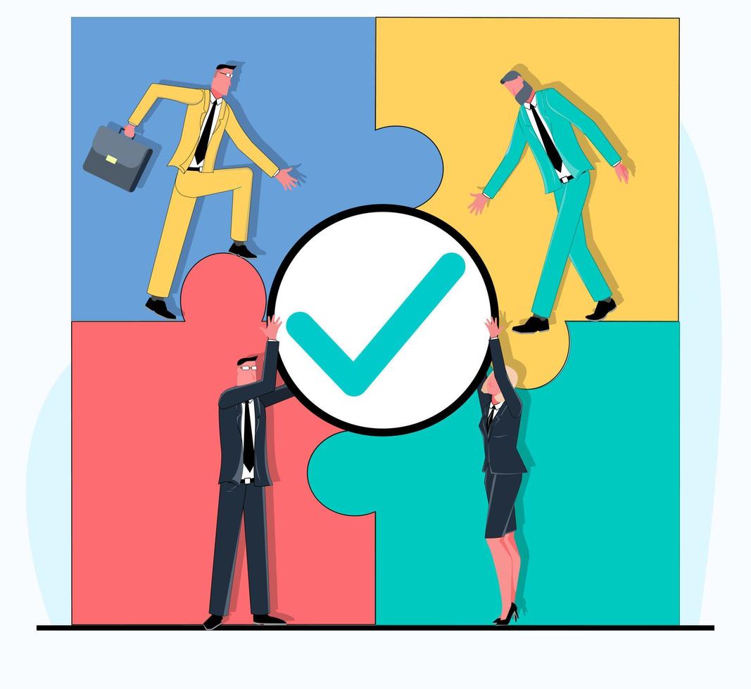 Successful business team in suits puts puzzles together showing successful teamwork vector flat illustration