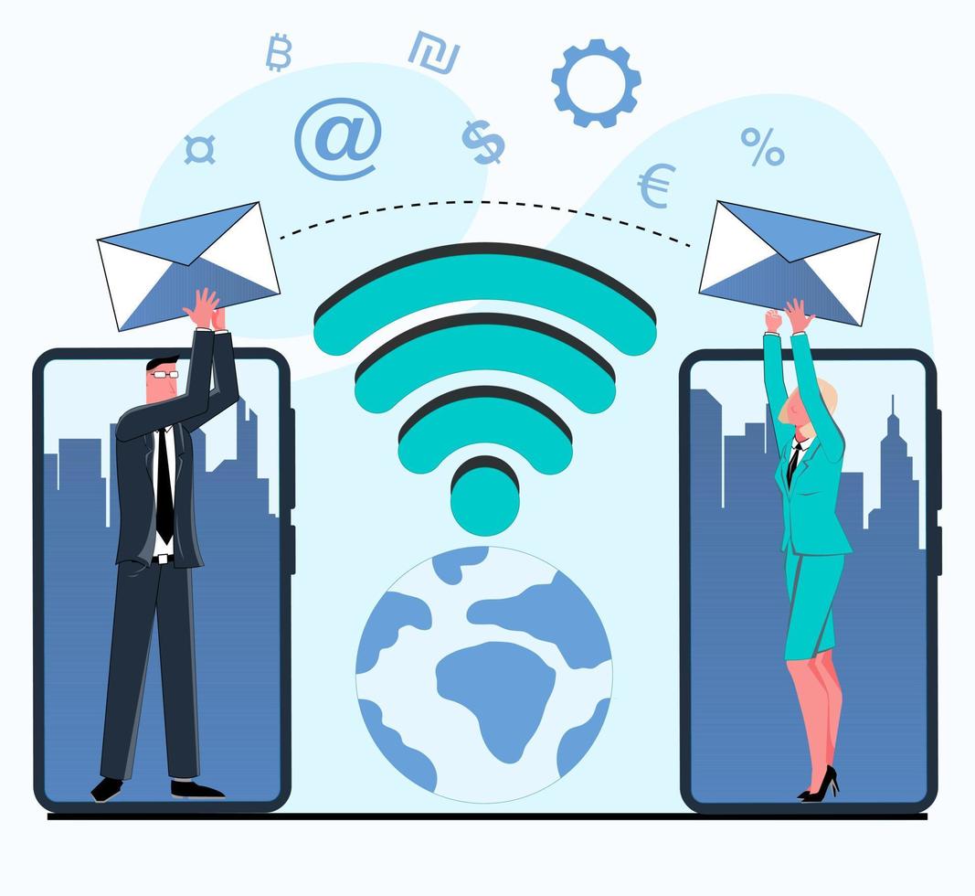 a successful businessman and a businesswoman on the phone in front of the city exchanging emails via email on wifi around the world vector flat illustration