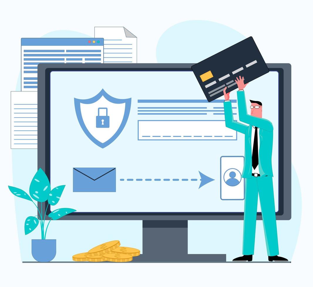 businessman conducts secure payment from computer with card and sms verification flat vector illustration