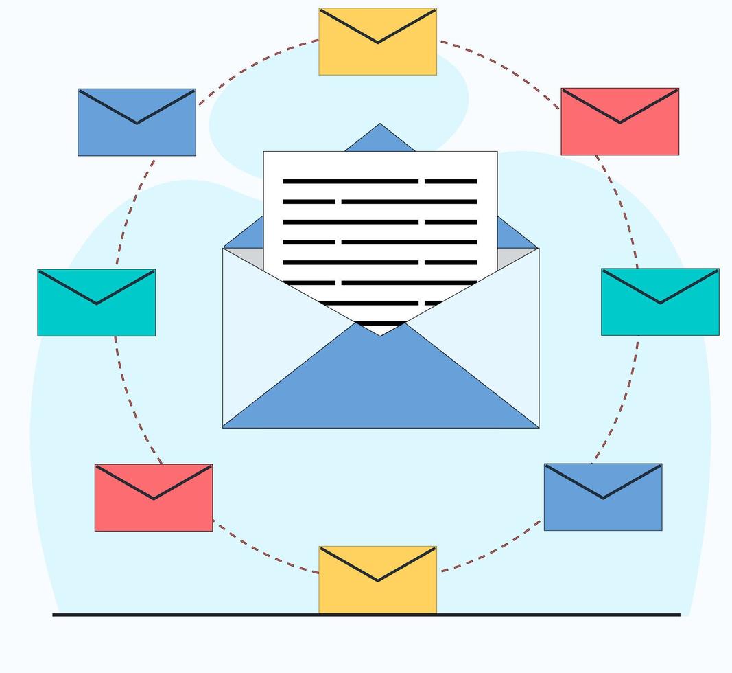 synchronization of email exchanges to emailservice messaging service in the center of an open letter with a document file vector flat illustration