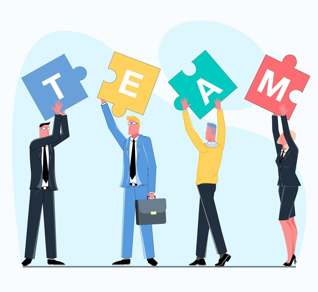 Successful business team in suits holding puzzles with letters written on them showing successful teamwork vector flat illustration