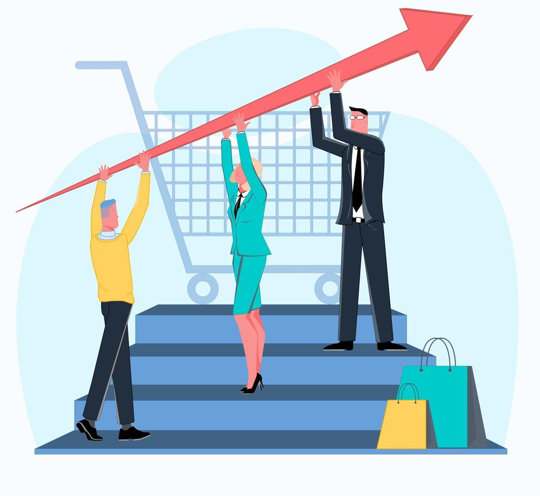 Businessmen and businesswomen stand on the steps and hold up an arrow that depicts an increase in sales figures. In the background is a shopping cart. Flat vector illustration.