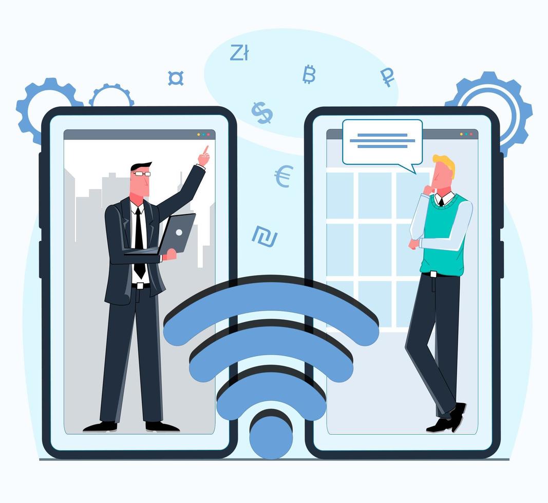 Two business colleagues hold a video business conference over the phone via wifi flat vector illustration