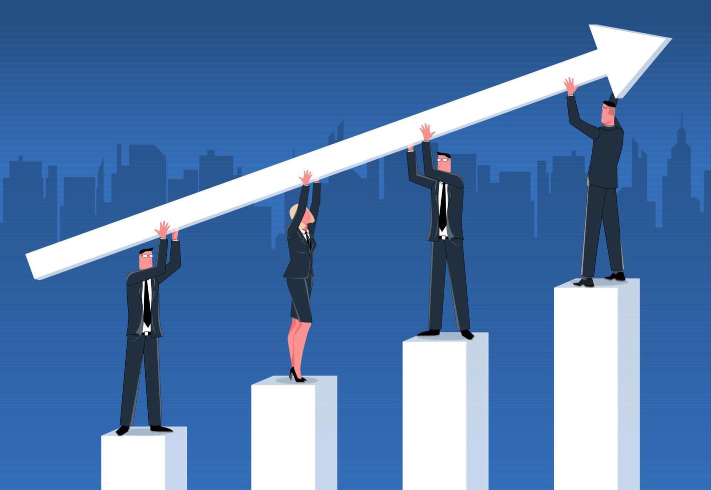 teamwork. a team of businessmen stands on the graph and holds the growth arrow up vector