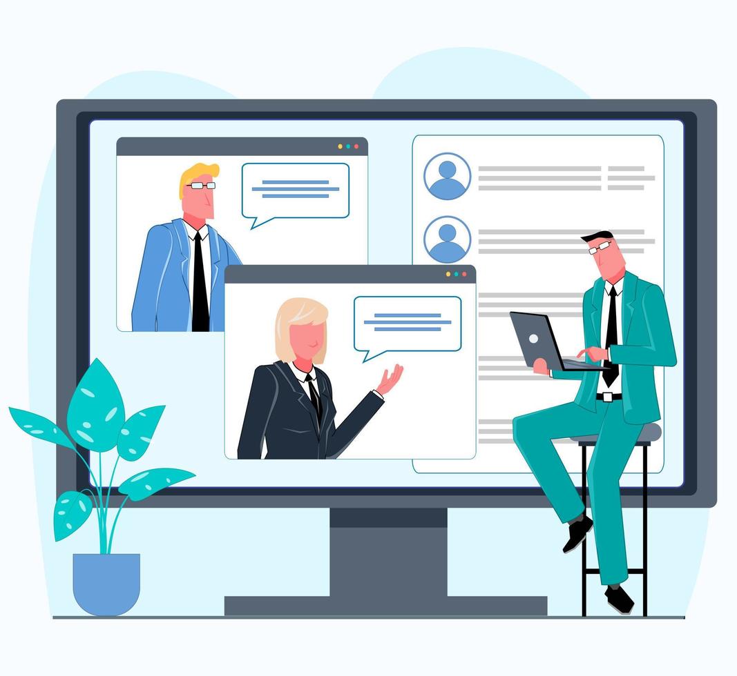 A businessman is working on a laptop and video chatting with his colleagues, with a business video conference on the monitor flat vector illustration