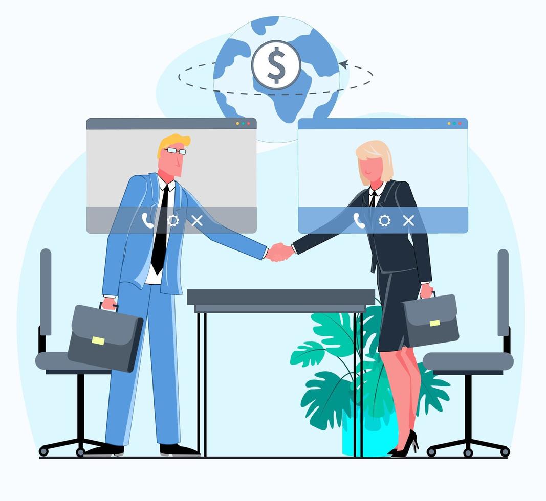 team of businessman and businesswoman communicate via video link, business video conference takes place remotely in the office flat vector illustration