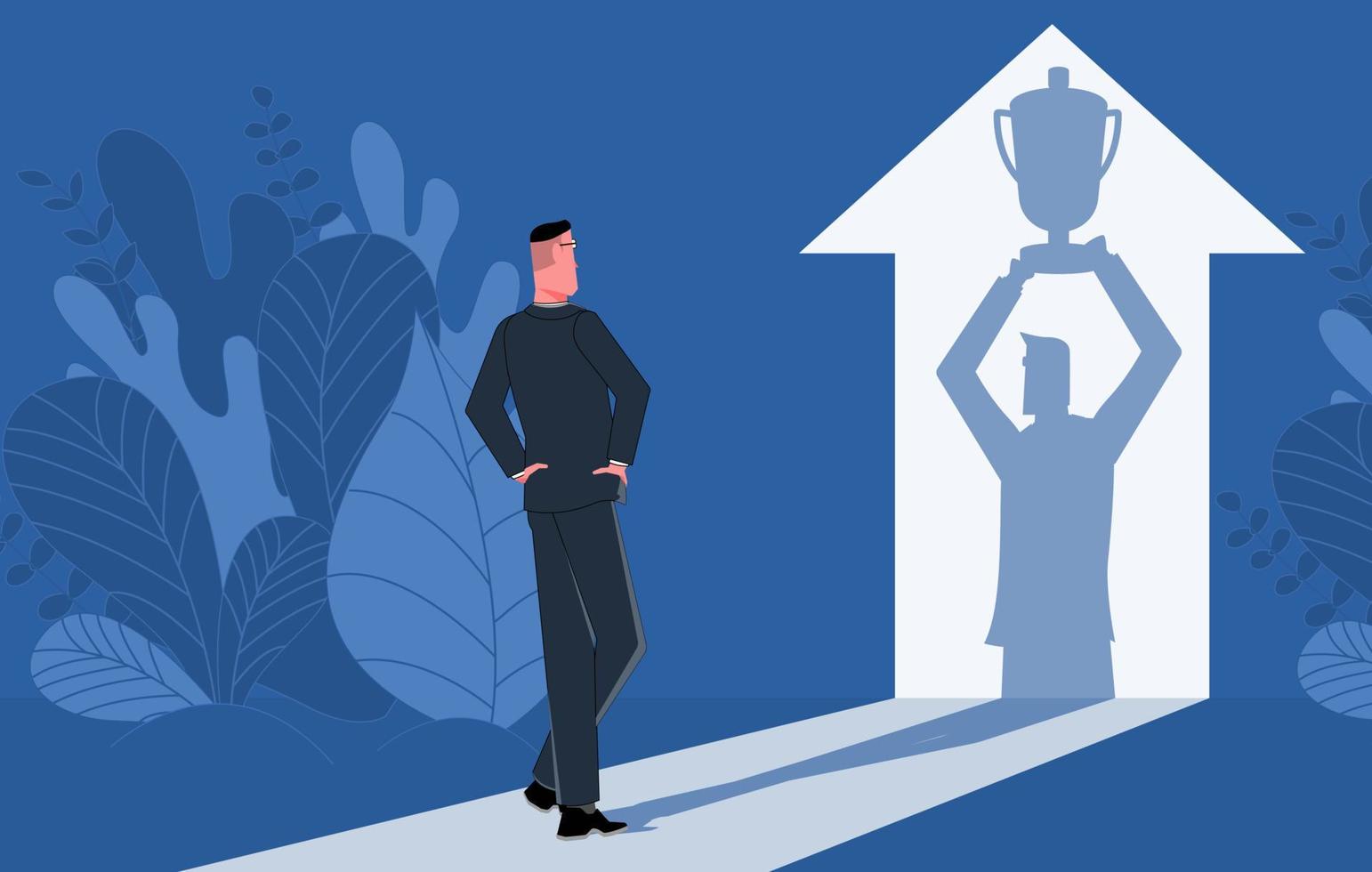 The businessman looks at his shadow that holds the cup. Business award vector