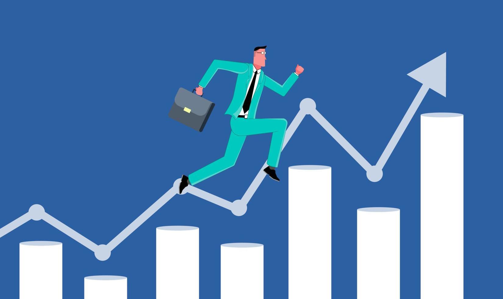 Businessman runs up the business growth chart. Business growth vector