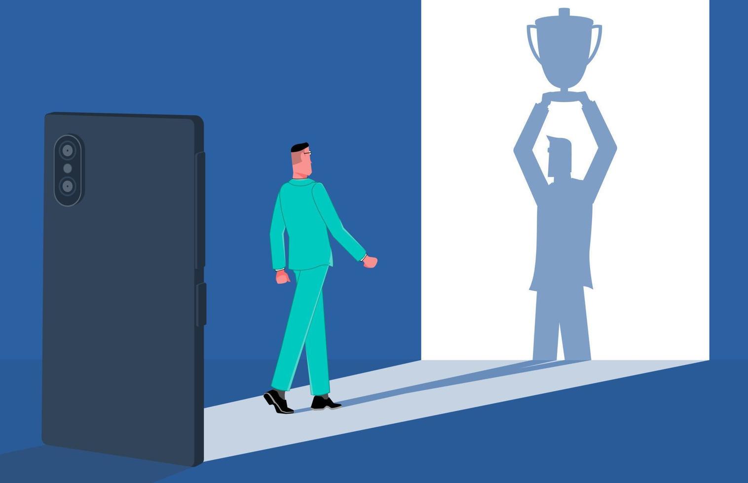 The businessman looks at his shadow that holds the cup. Business award vector