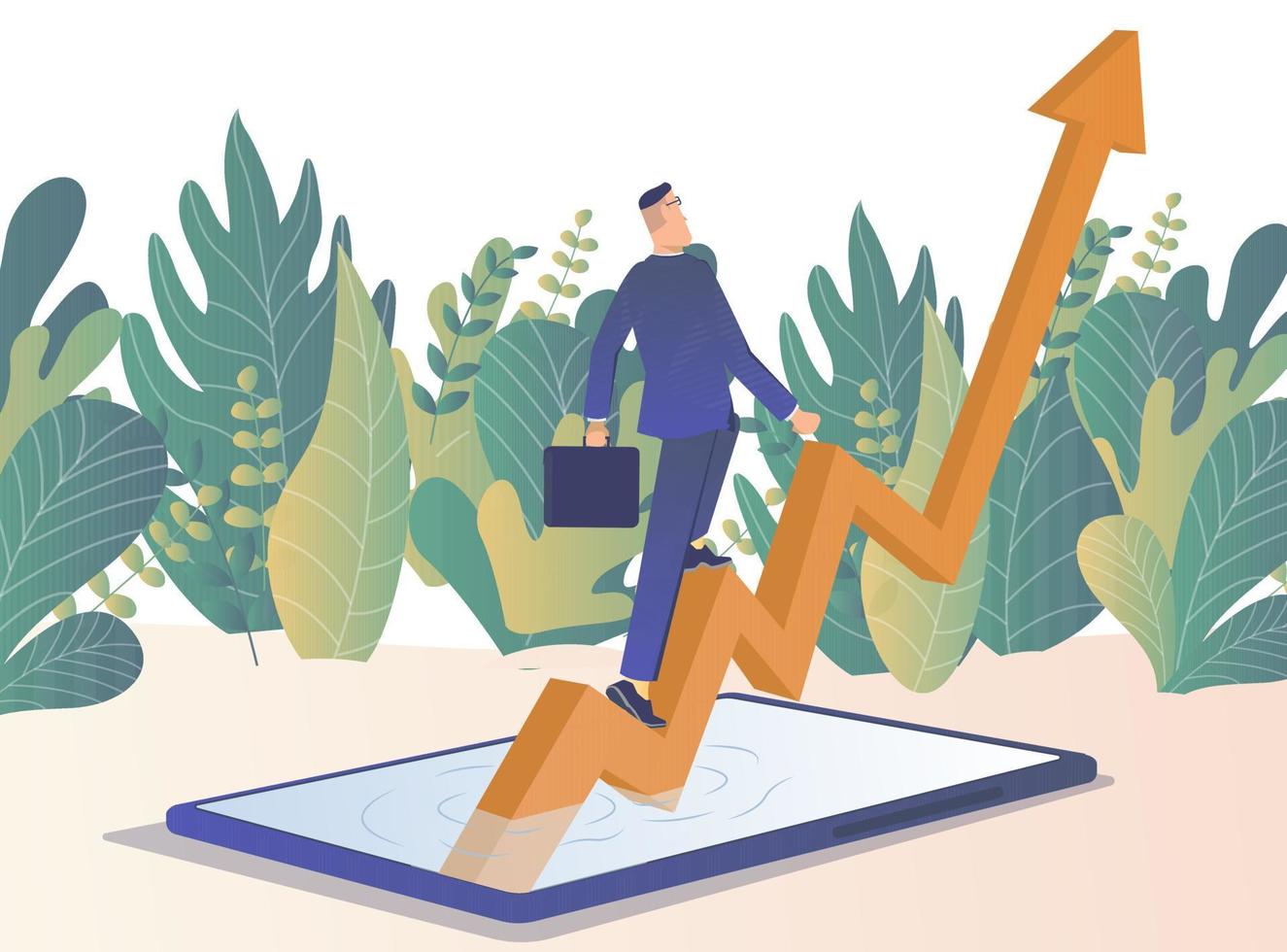 Businessman goes up the growth arrow from the phone. Business growth vector