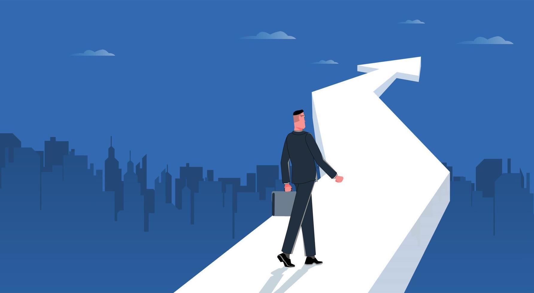 Business target. Businessman walks up the arrow to his goal against the backdrop of a city at night. vector