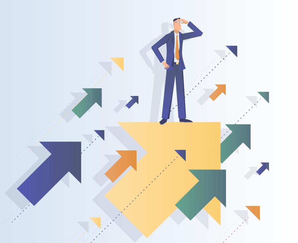 Business success. Businessman stands on arrows that tend upward and looks into the distance. vector