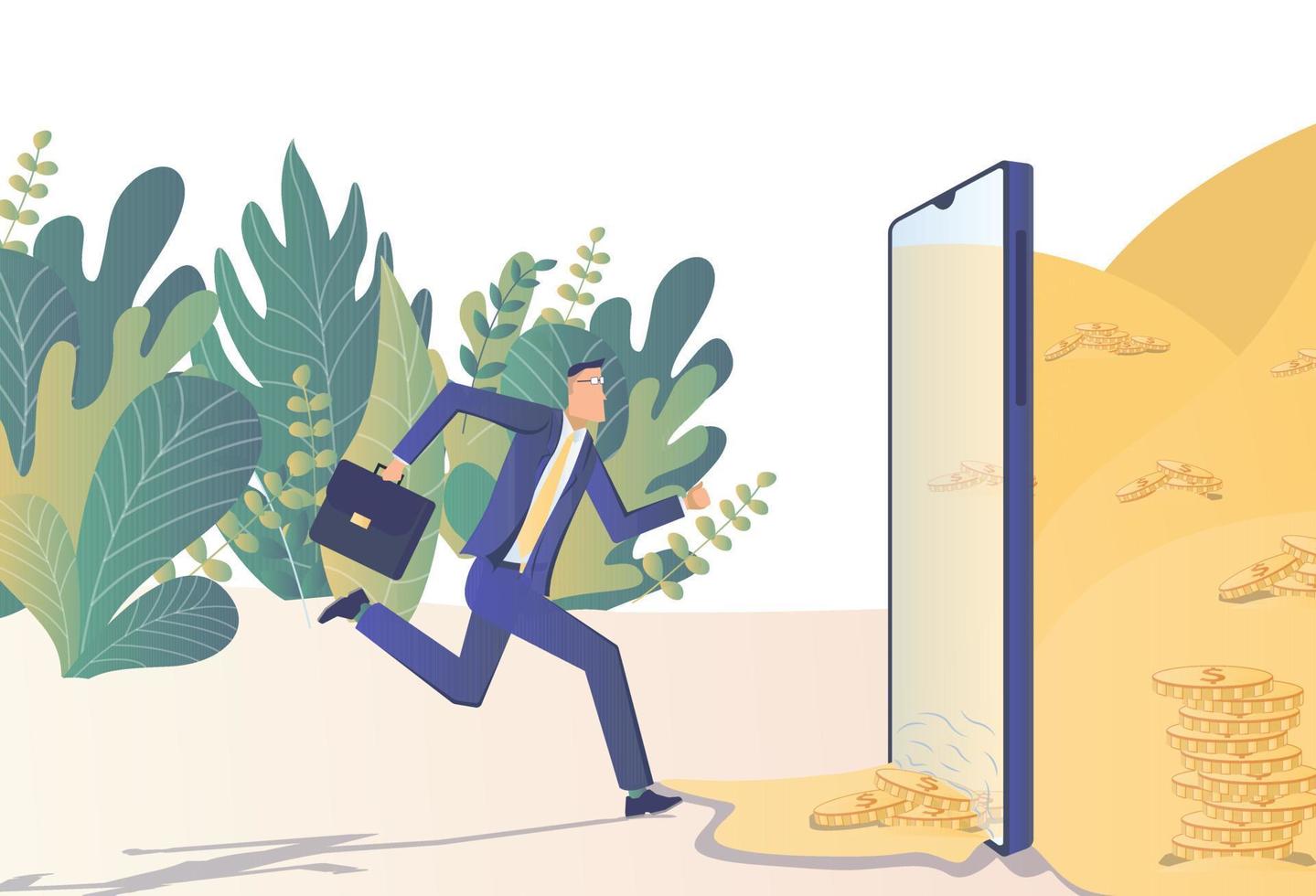 Businessman runs to a smartphone with gold coins. Business activity vector
