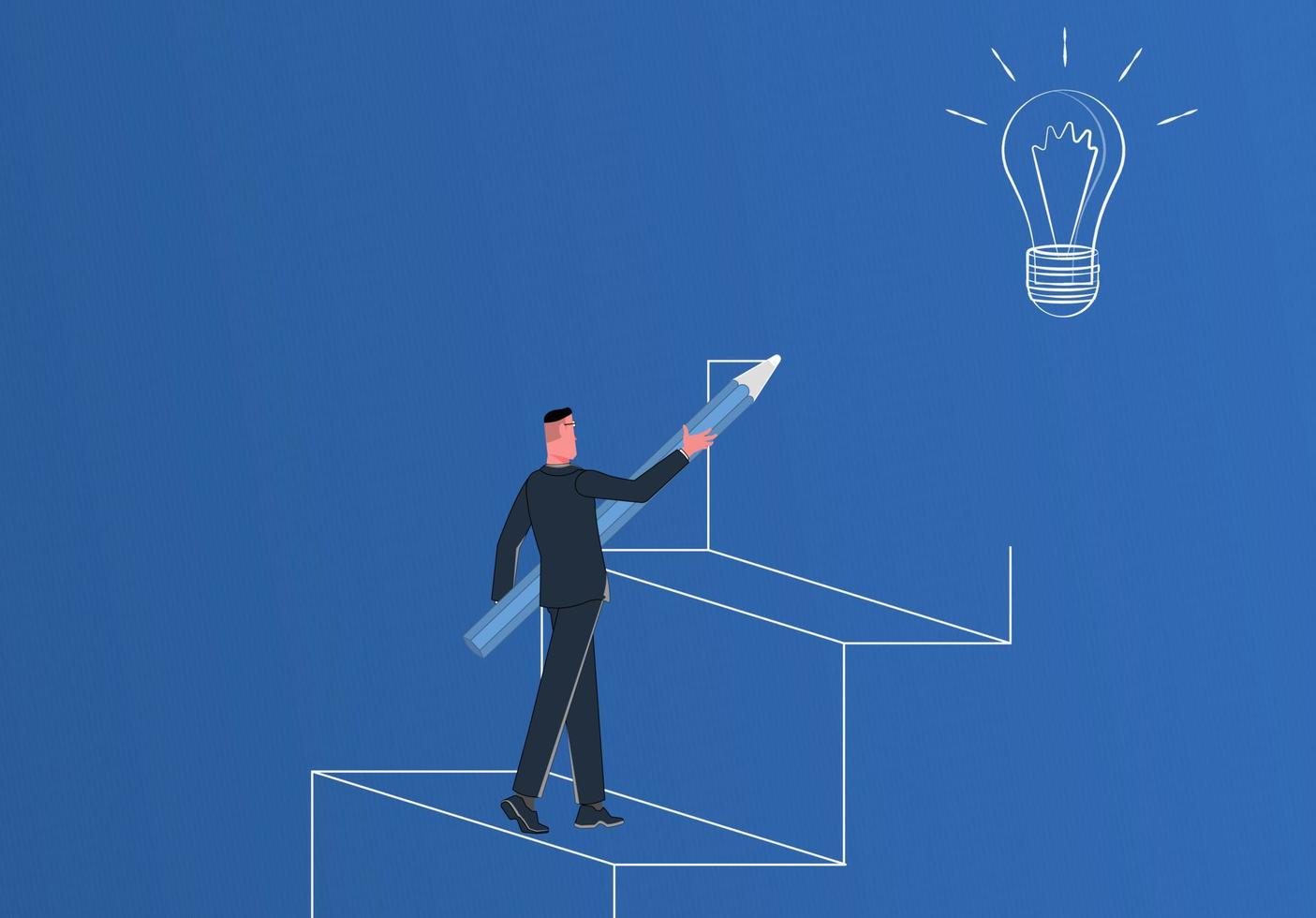 A businessman draws a ladder to a light bulb. Business idea vector