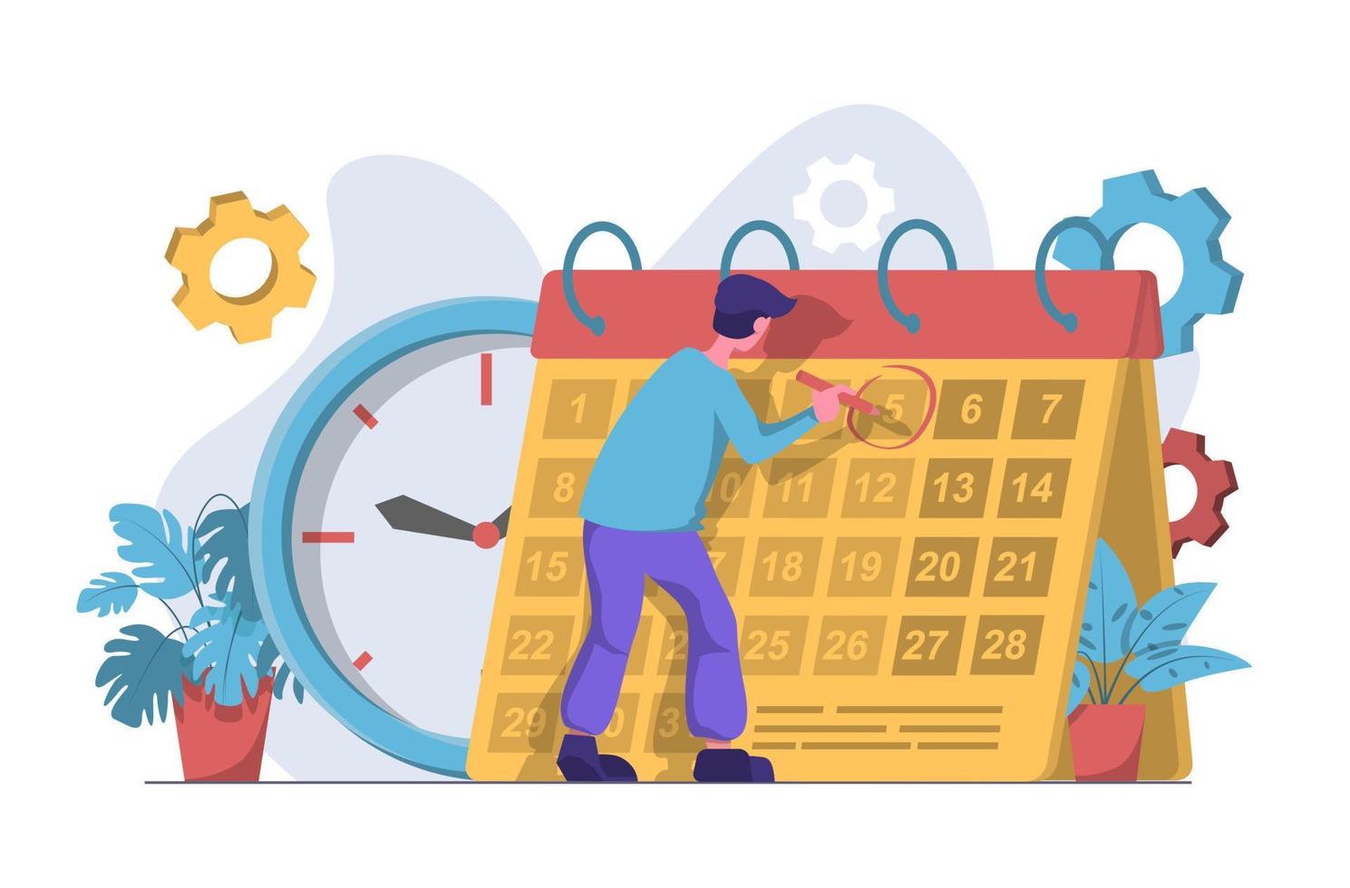 planificación. un hombre rodea la fecha en un calendario vector