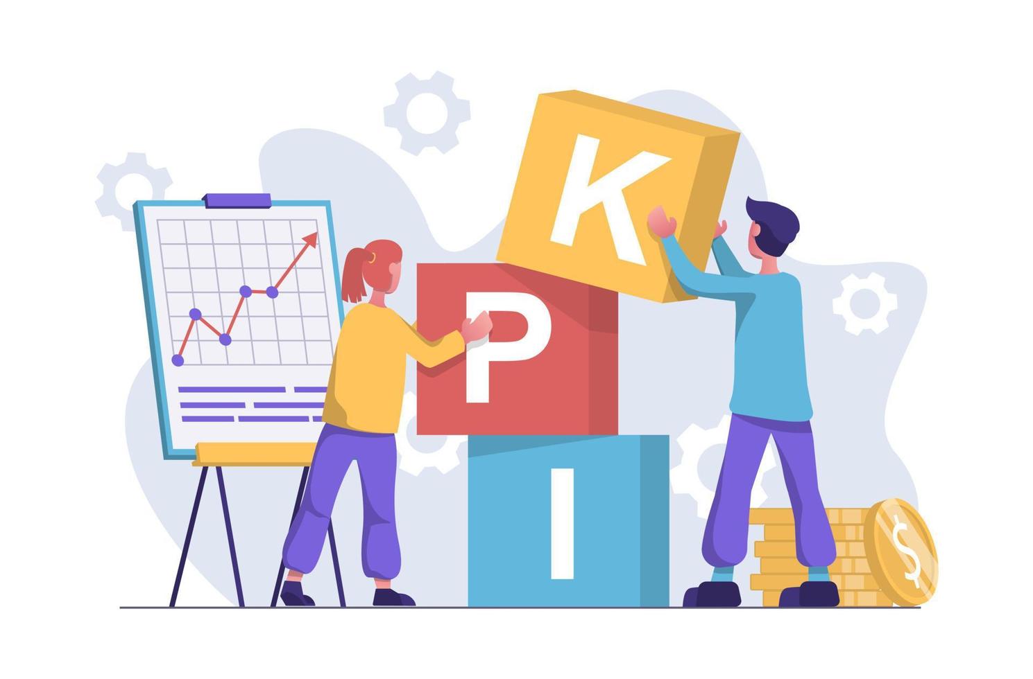 KPI. A woman and a man put the word KPI together with cubes vector