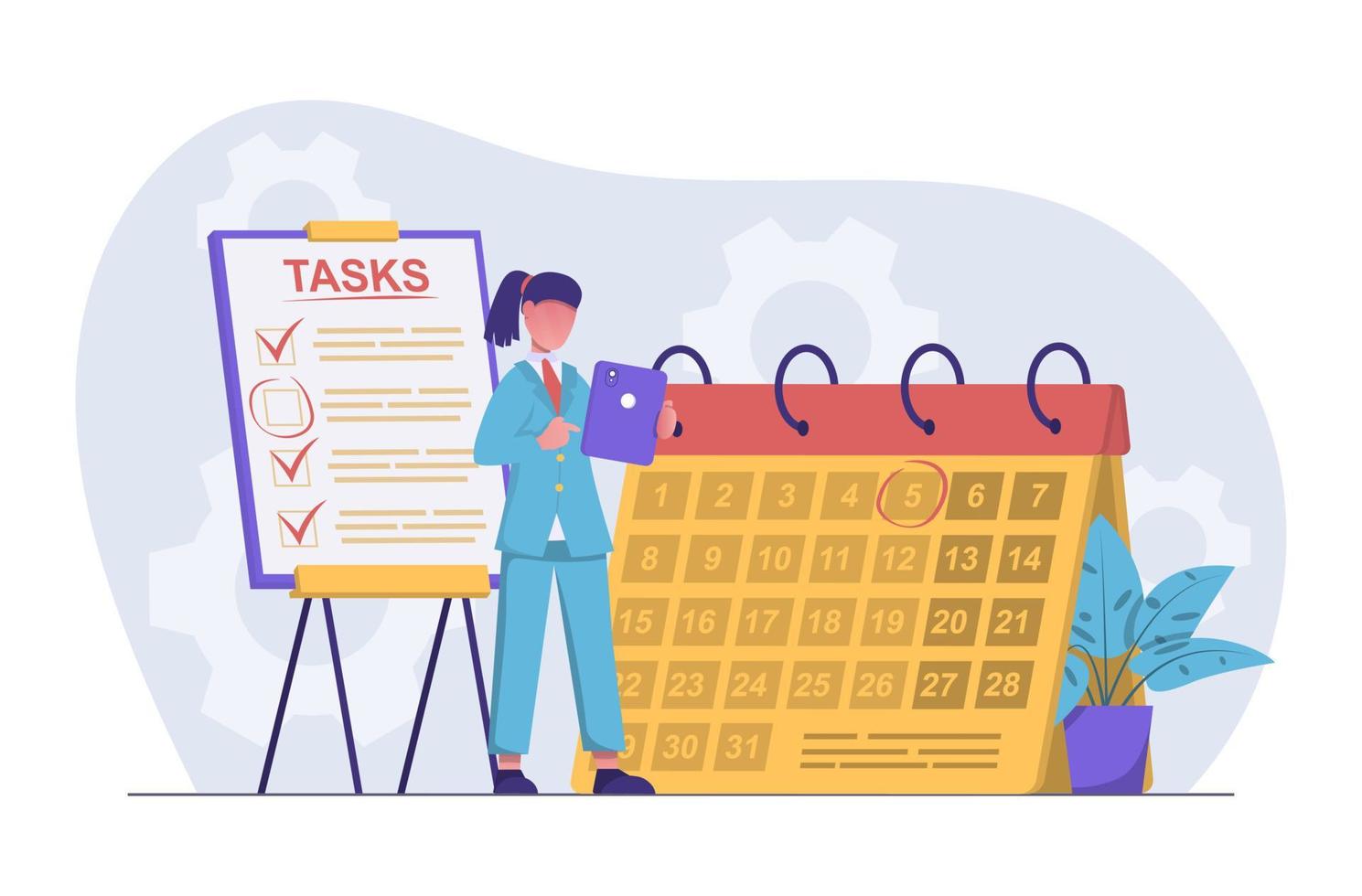 Planning. A businesswoman plans her business, work and personal time vector
