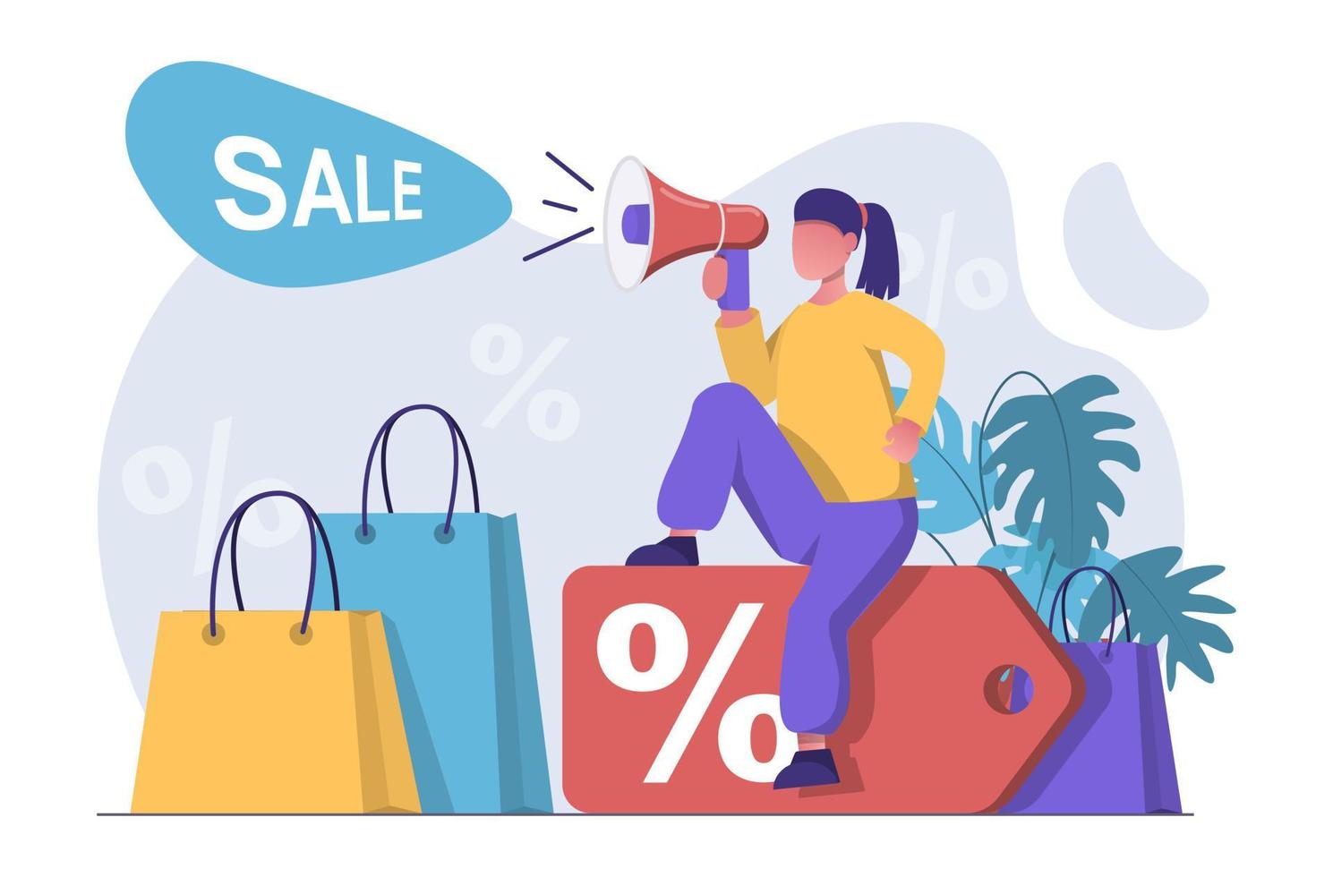 Sale. A girl is shouting into the mouthpiece about the start of shopping and sales vector