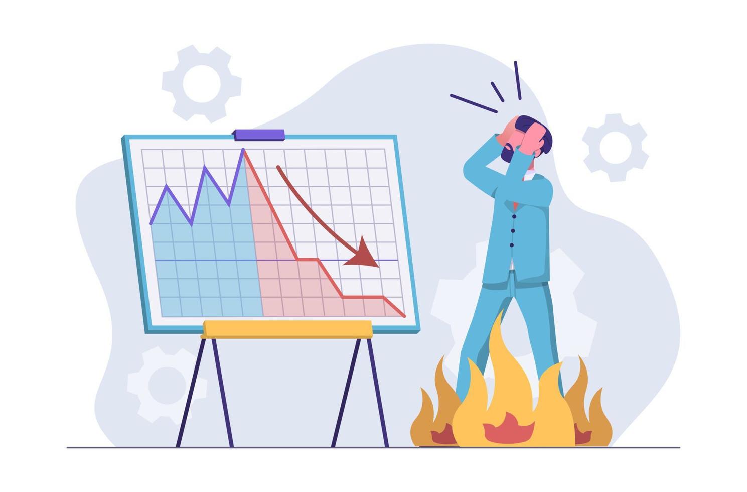 Financial economic crisis. The businessman is in shock. There is a drop in indicators on the chart, an arrow down. vector