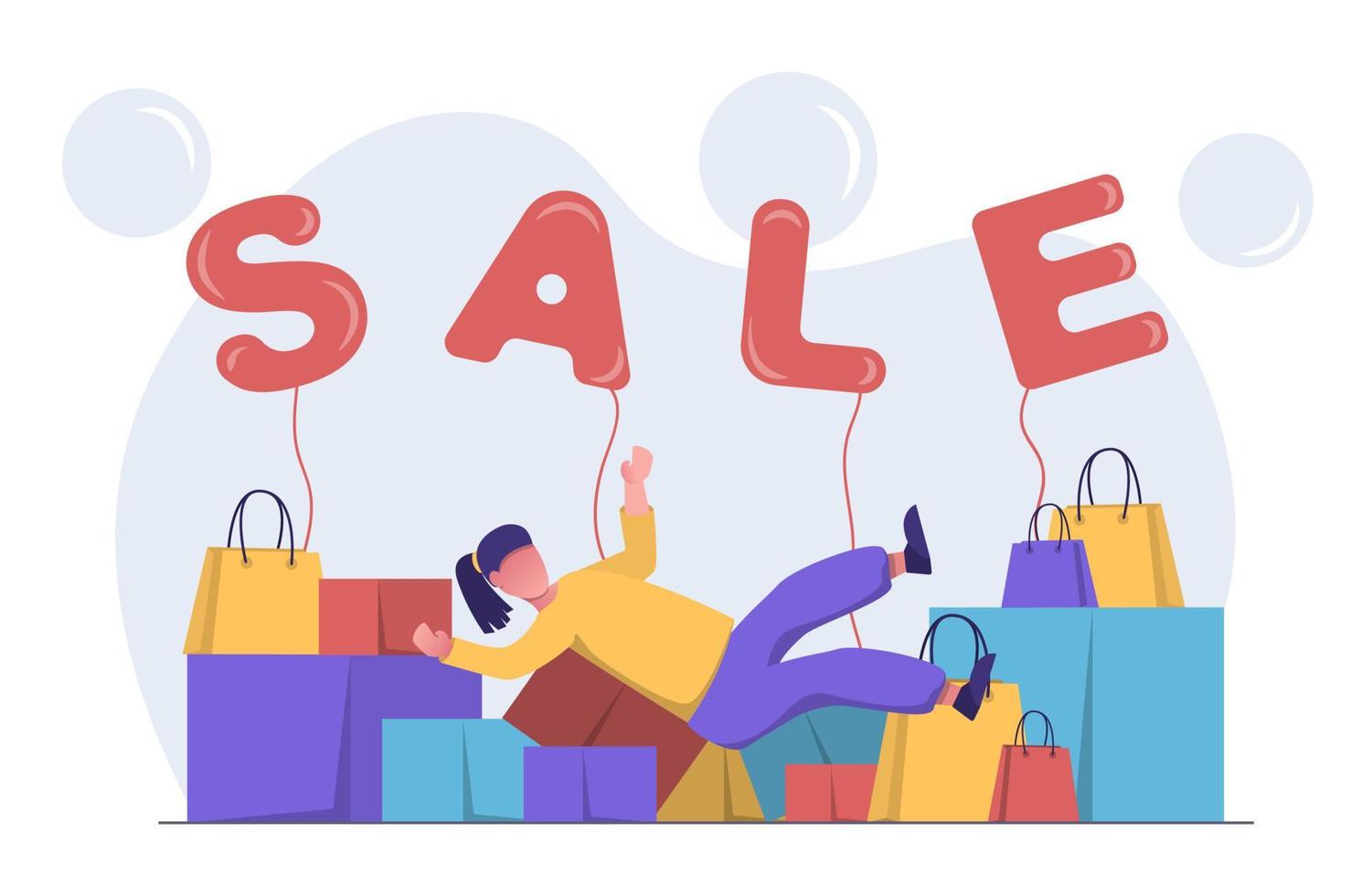 Sale. A girl after shopping lies in a pile of purchases, boxes and packages vector