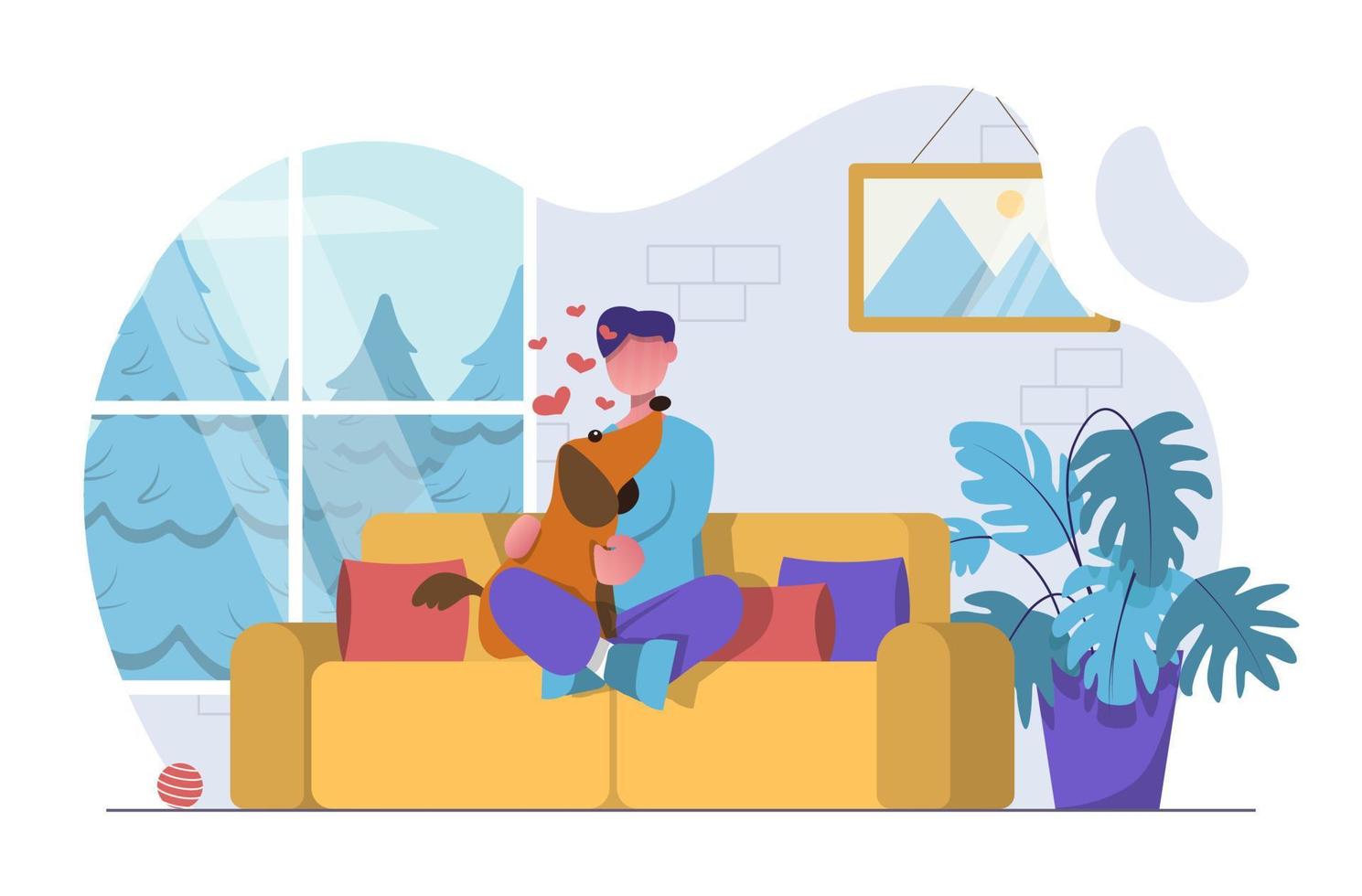 We love pets. The boy sits on the couch and hugs his dog, they are happy vector