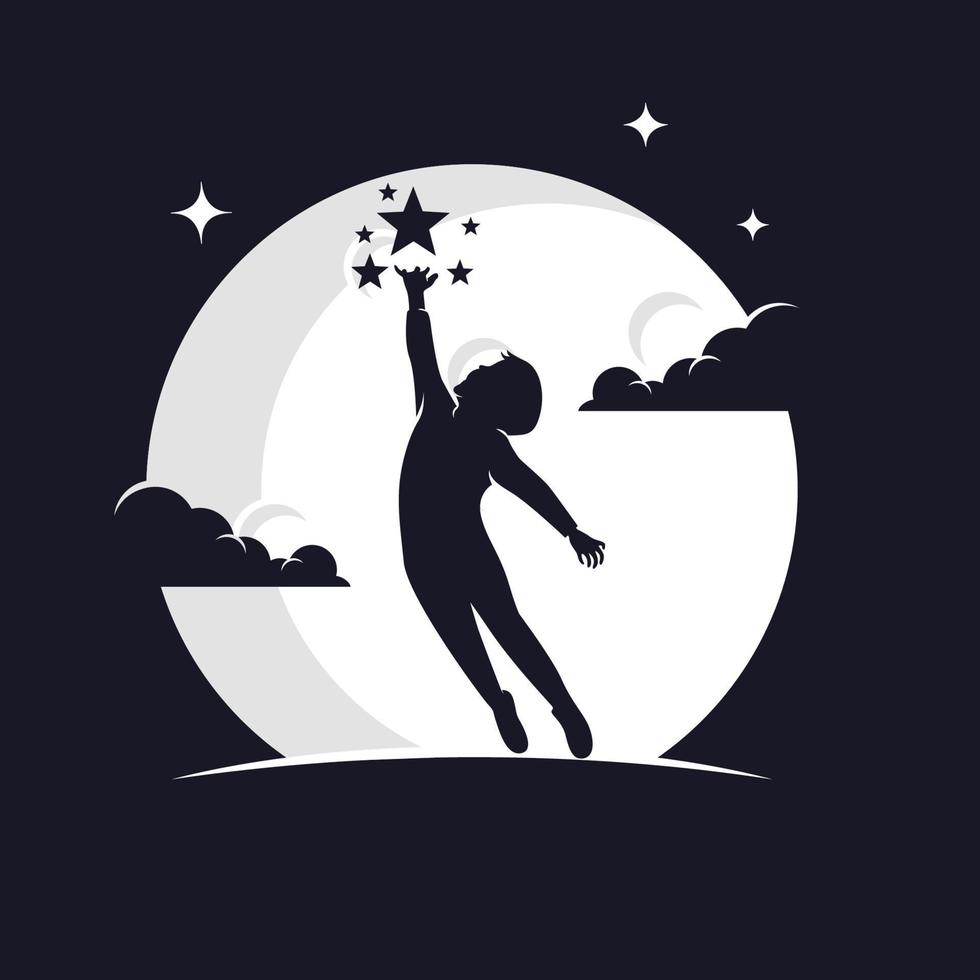 alcanzando estrellas con plantilla de diseño de logotipo de fondo lunar con fondo oscuro vector