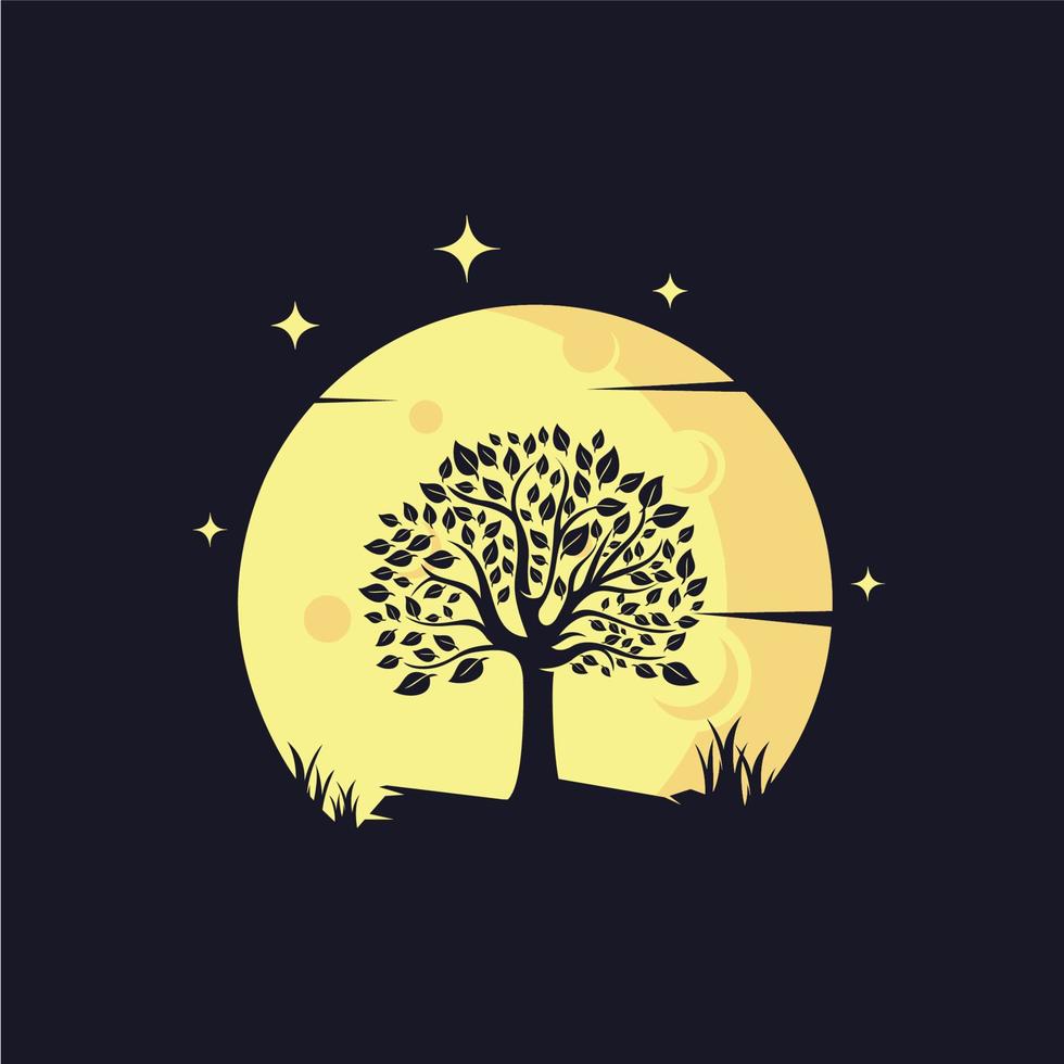 Tree Silhouette with Yellow Moon Background Logo Template vector