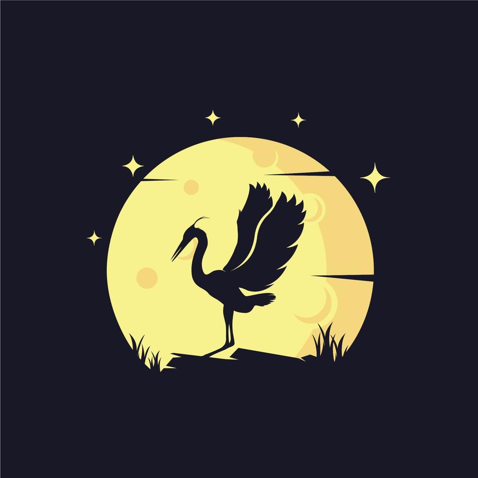 Heron with Yellow Moon Background Logo Template vector