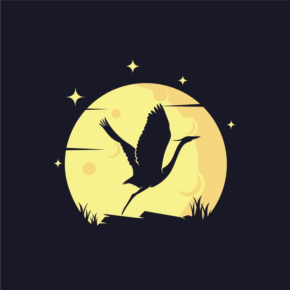 Heron with Yellow Moon Background Logo Template vector