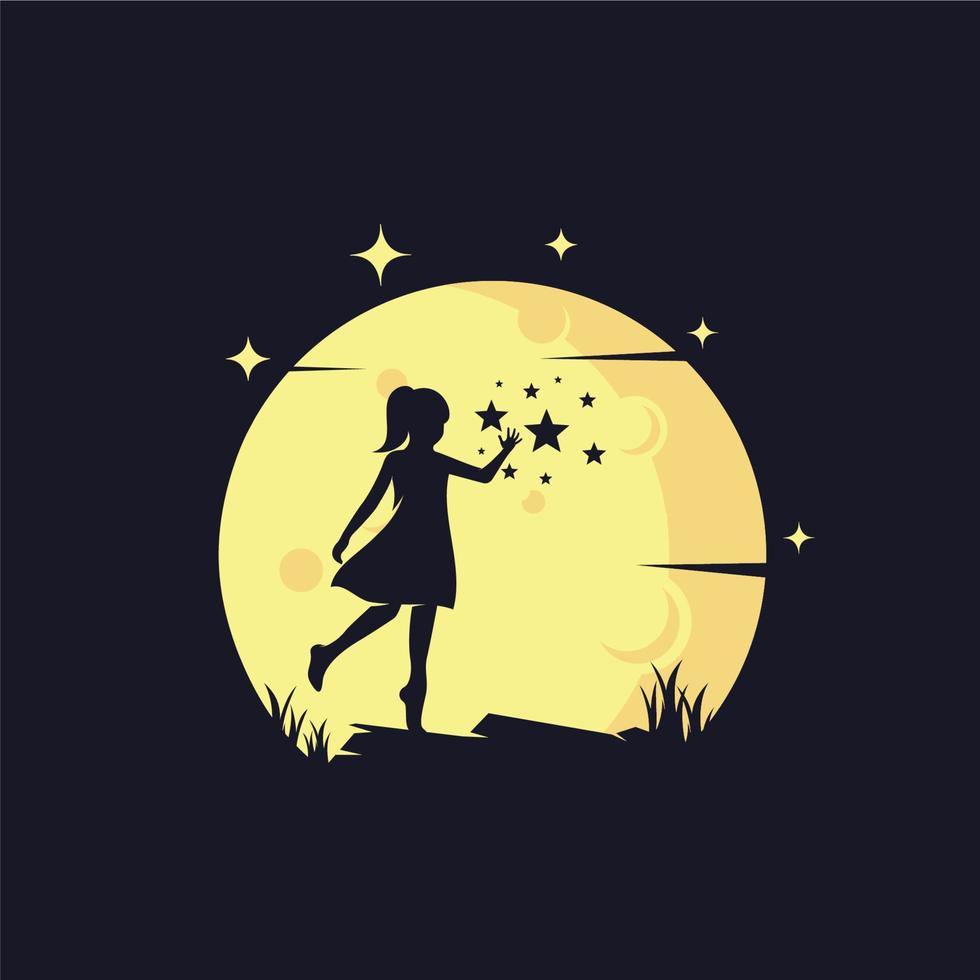 Kids Reaching Stars with Yellow Moon Background Logo Template vector