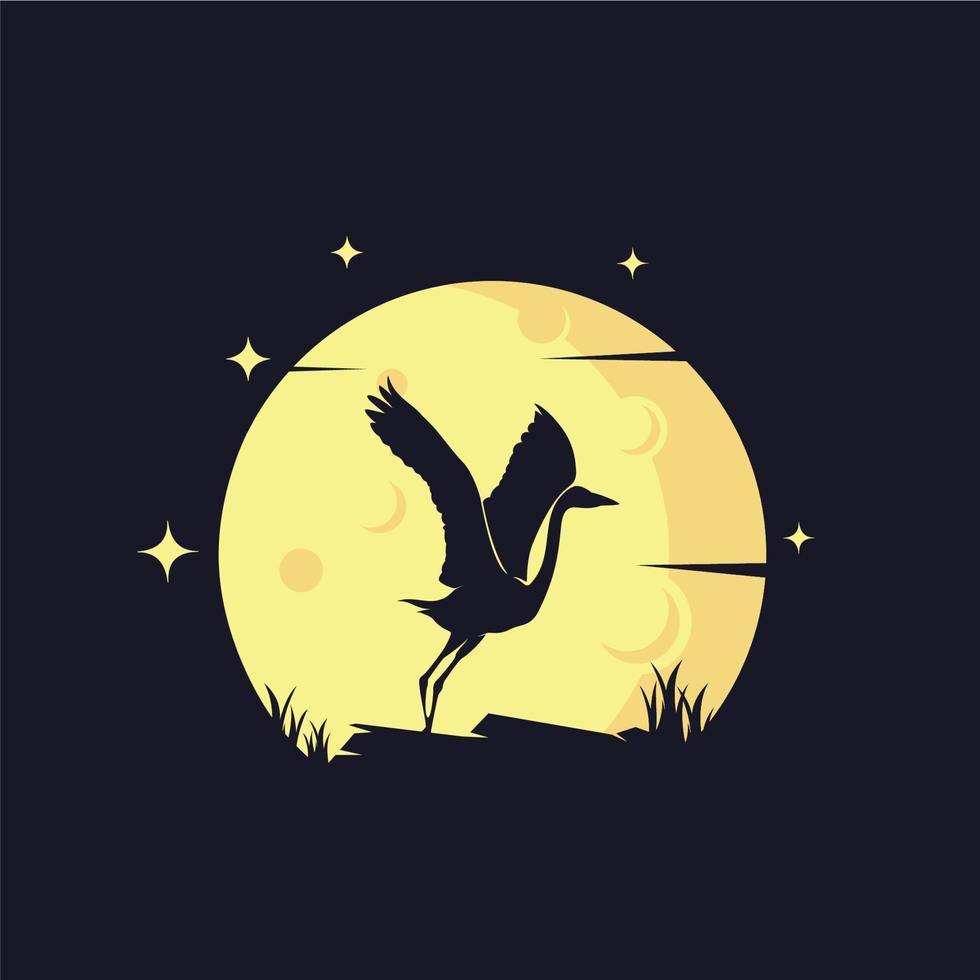 Heron with Yellow Moon Background Logo Template vector
