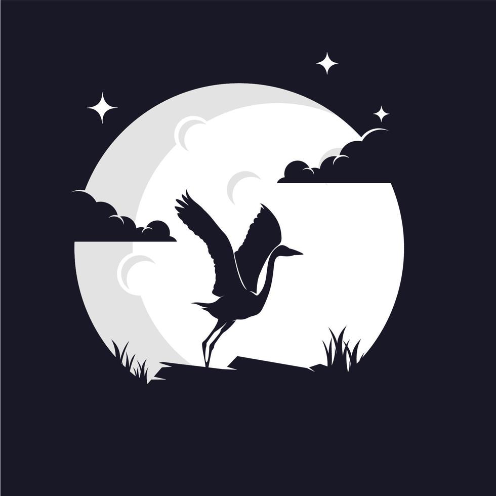 Heron Silhouette with Moon Background Logo Template vector