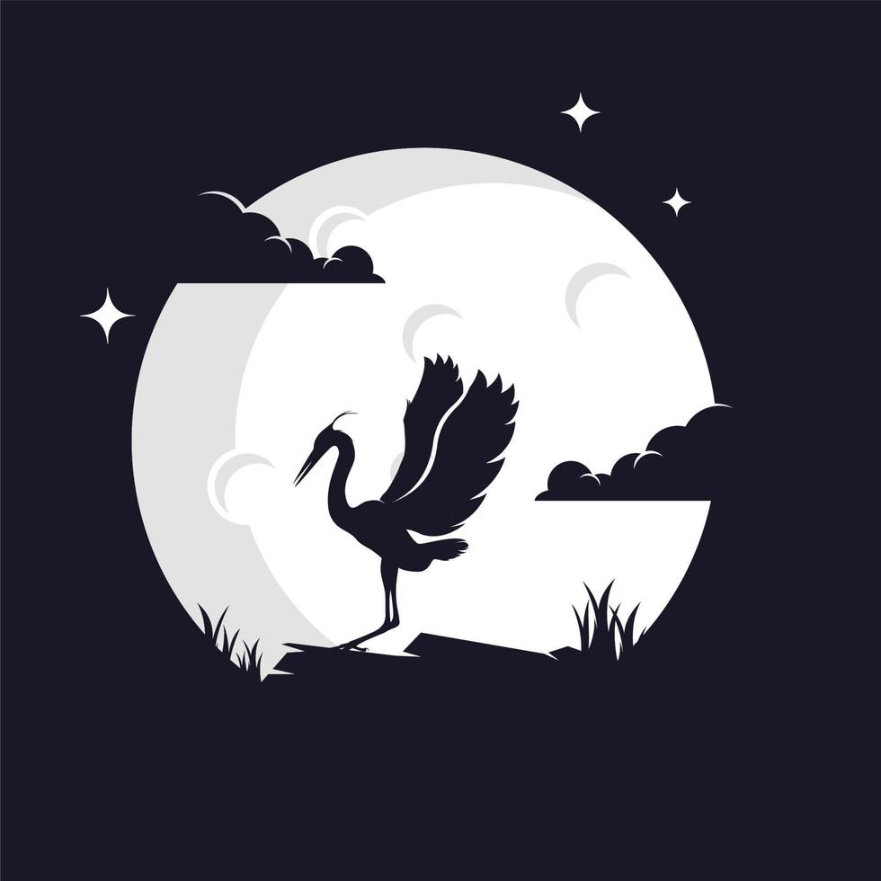 Heron Silhouette with Moon Background Logo Template vector