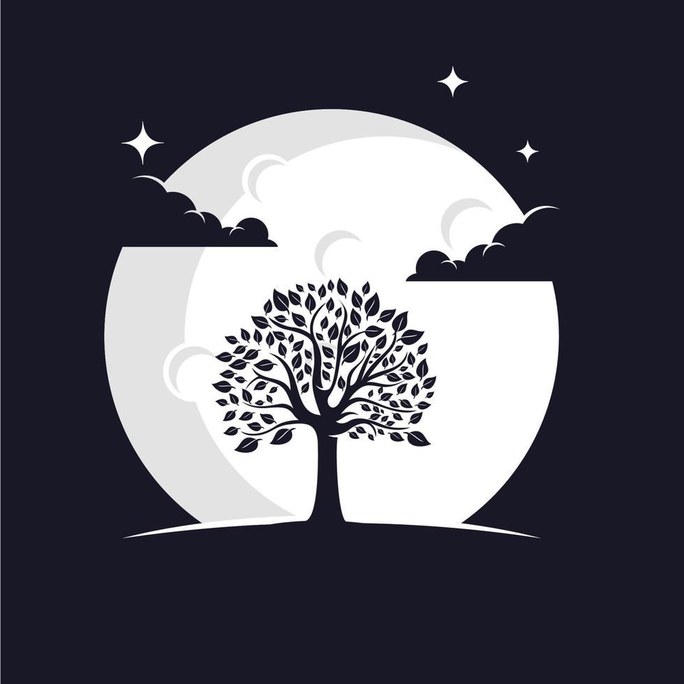 Tree Silhouette with Moon Background Logo Template vector