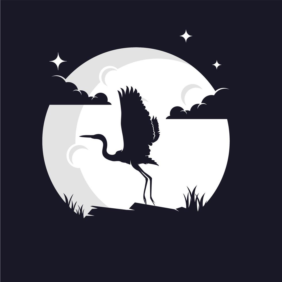 Heron Silhouette with Moon Background Logo Template vector