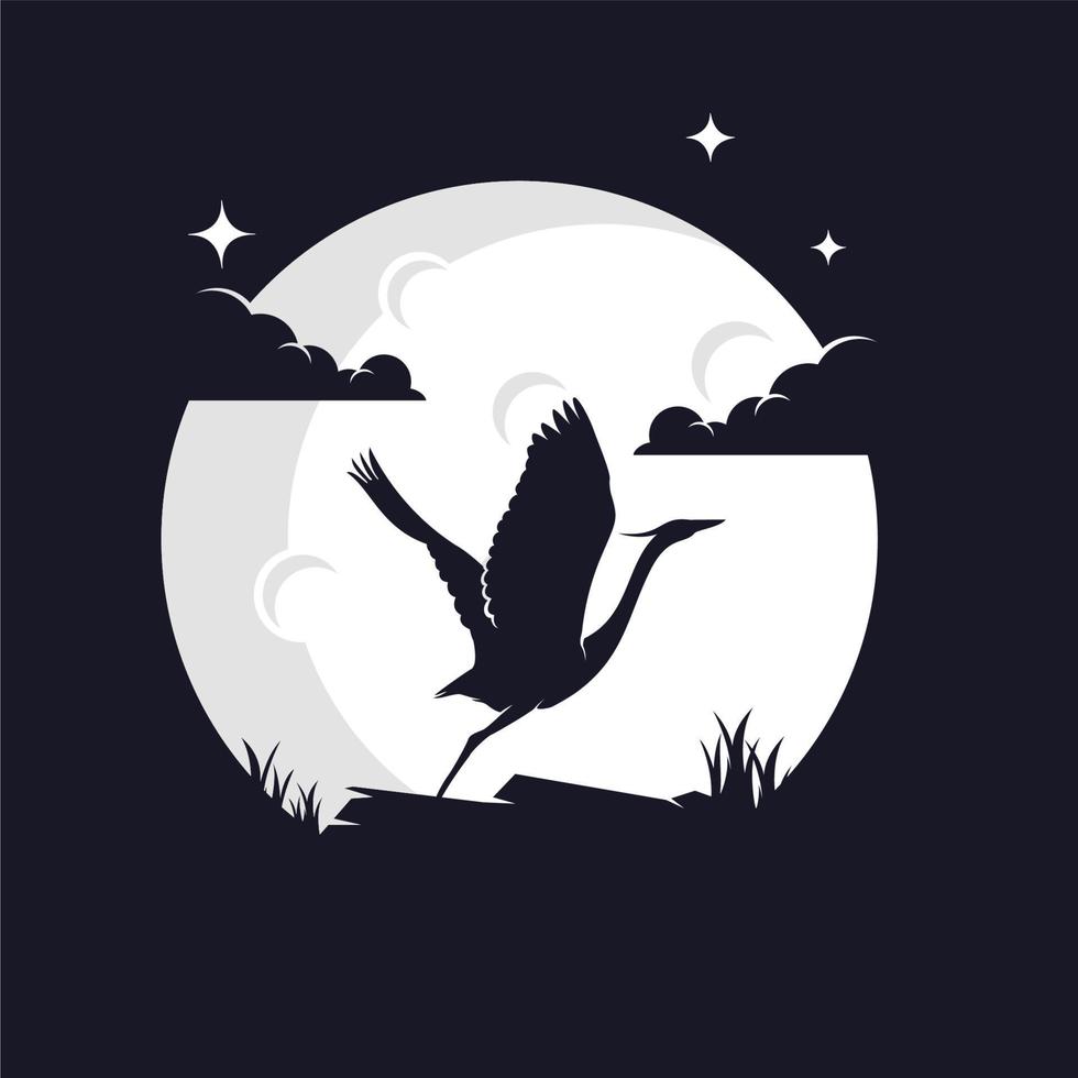 Heron Silhouette with Moon Background Logo Template vector