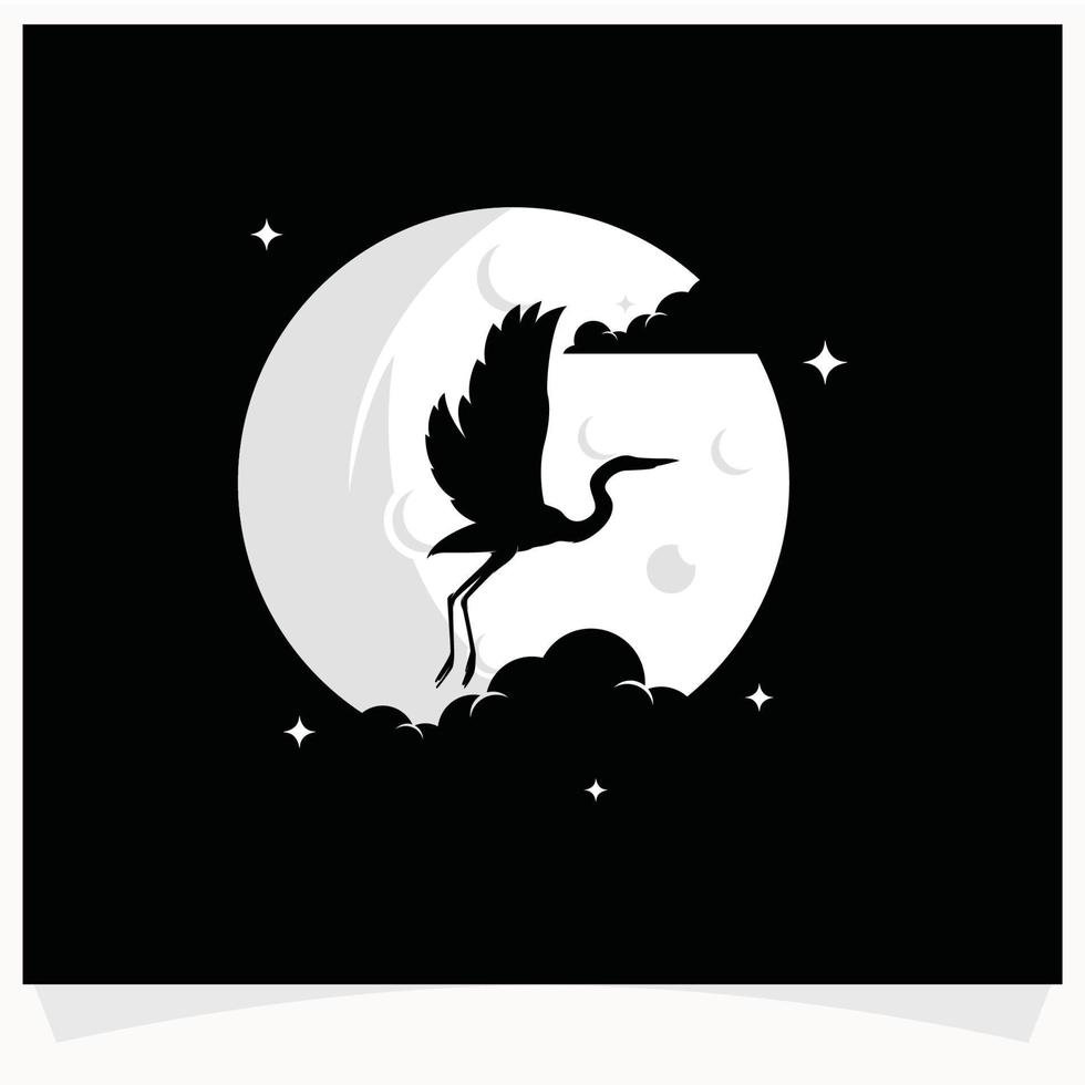 Heron Silhouette with Moon Background Logo Design Template vector