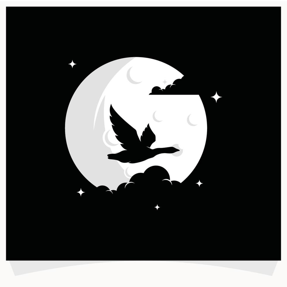 Flying Duck Silhouette with Moon Background Logo Design Template vector