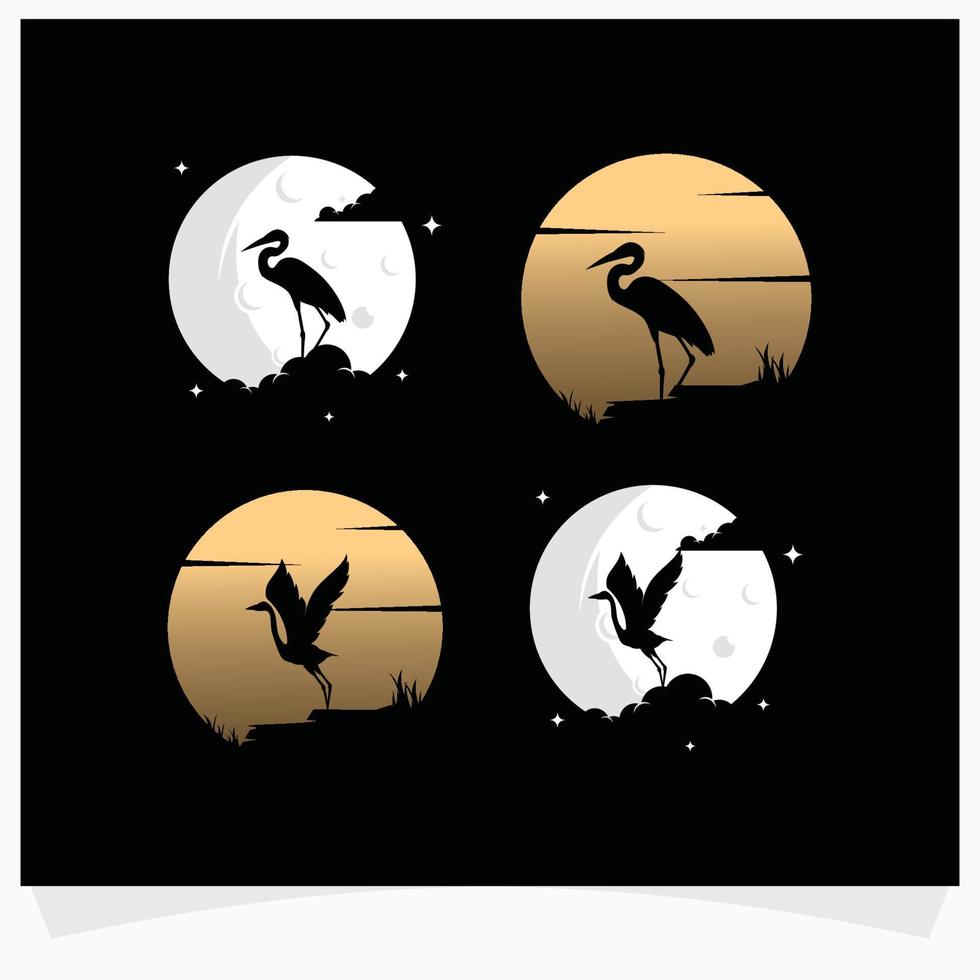 Heron Silhouette with Moon Background Logo Design Template vector