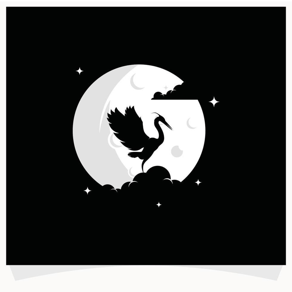 Heron Silhouette with Moon Background Logo Design Template vector