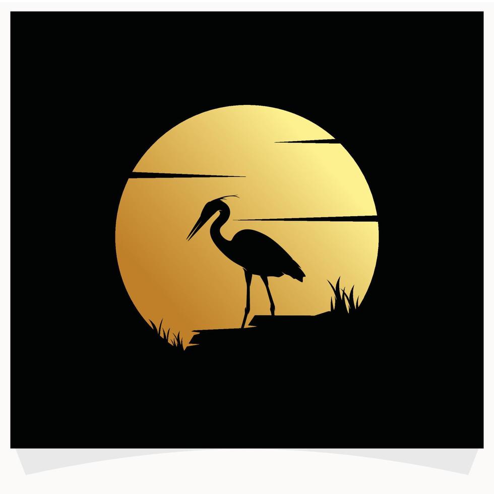 Heron Silhouette with Moon Background Logo Design Template vector