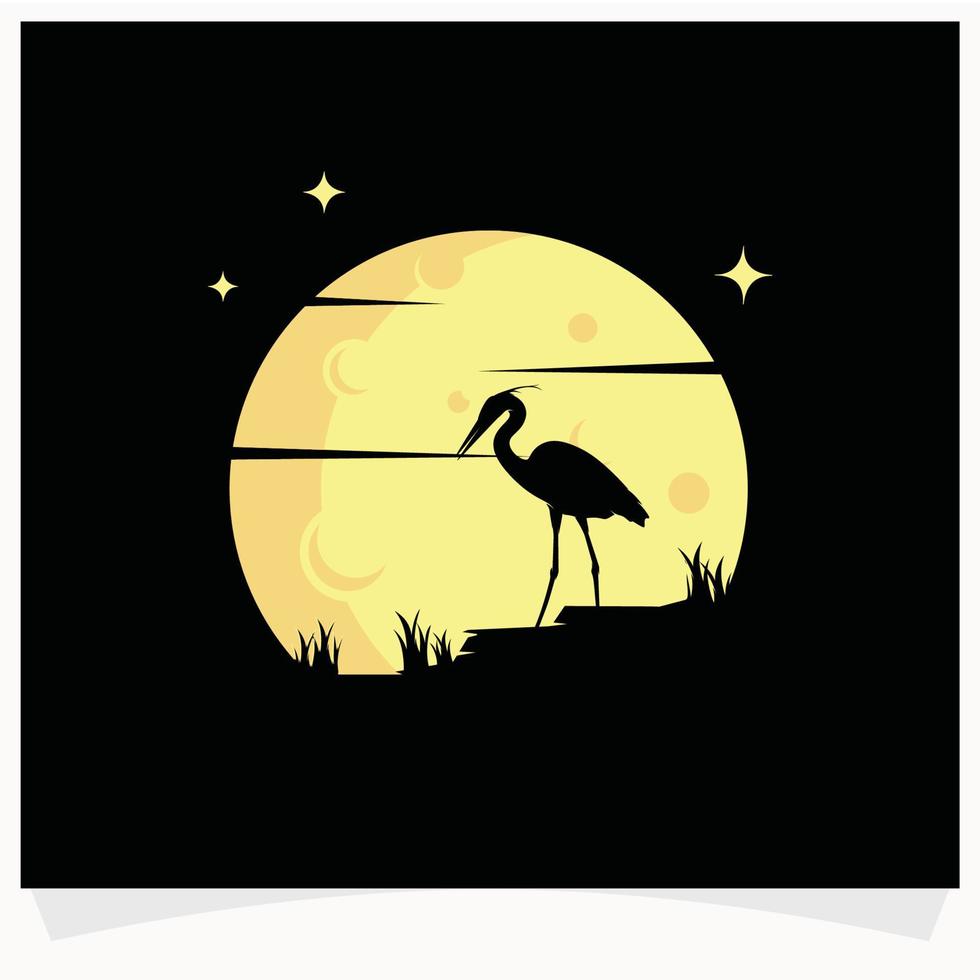 Heron Silhouette with Moon Background Logo Design Template vector