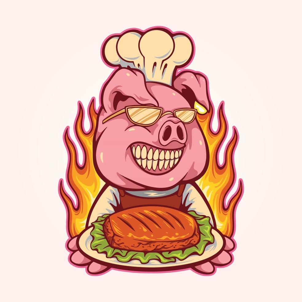 Scary hog chef meat bbq logo illustration Vector for your work Logo, mascot merchandise t-shirt, stickers and Label designs, poster, greeting cards advertising business company brands