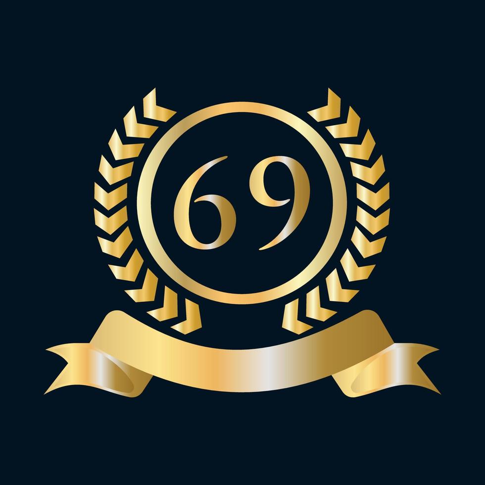 Plantilla dorada y negra de celebración del 69 aniversario. elemento de logotipo de cresta heráldica de oro de estilo de lujo vector de laurel vintage