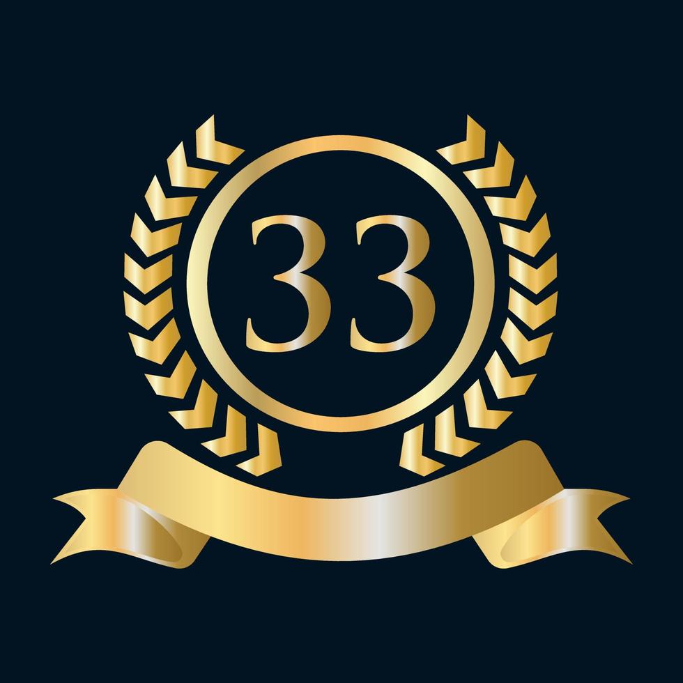 33 Anniversary Celebration Gold and Black Template. Luxury Style Gold Heraldic Crest Logo Element Vintage Laurel Vector